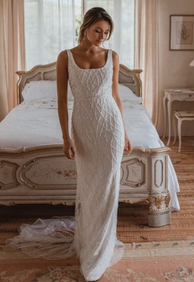 Sleeveless Square Neckline Sheath Wedding Dress With Beading Throughout by Anna Campbell