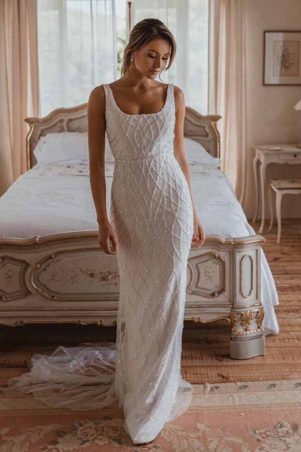 Sleeveless Square Neckline Sheath Wedding Dress With Beading Throughout by Anna Campbell - Image 1