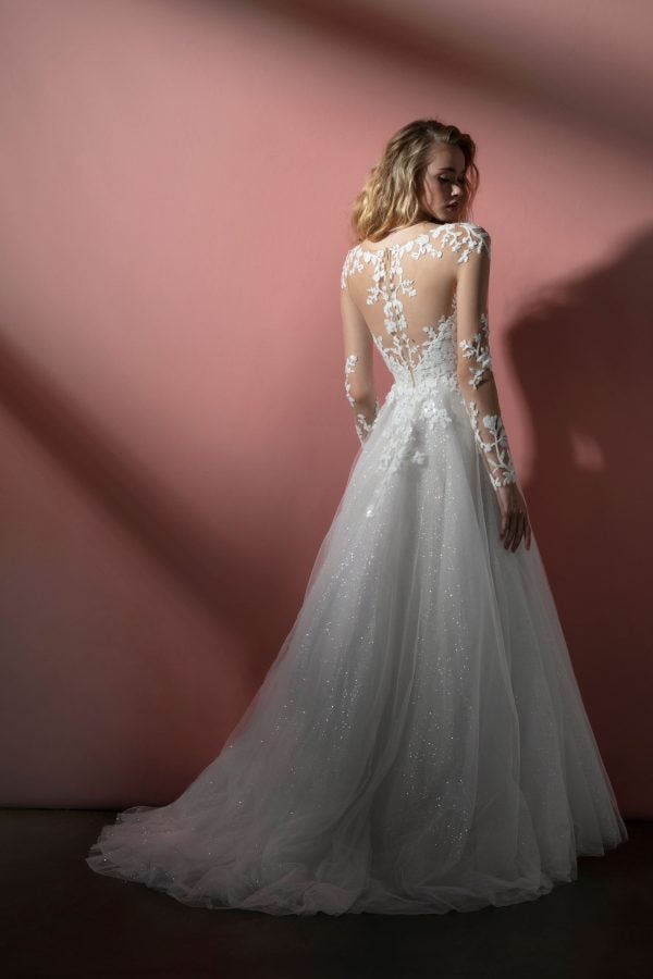 Long Sleeve Illusion A-line Wedding Dress With Embroidered Bodice And Sparkle Tulle Layered Skirt by BLUSH by Francesca Avila - Image 2