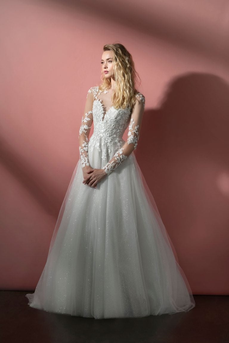 Long Sleeve Illusion Aline Wedding Dress With Embroidered