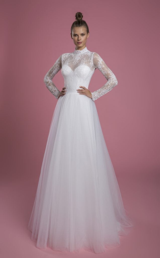 Long Sleeve Mock Neck Lace Aline Wedding Dress With Tulle Skirt