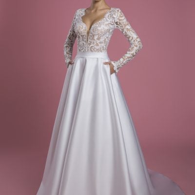 Long Sleeve V-neck A-line Wedding Dress With Lace Bodice And Satin ...