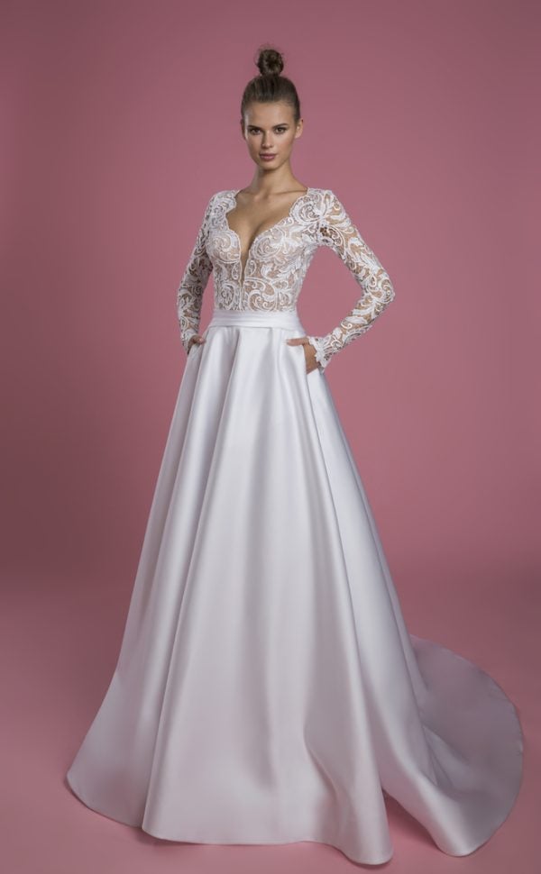 Long Sleeve V-neck A-line Wedding Dress With Lace Bodice And Satin ...