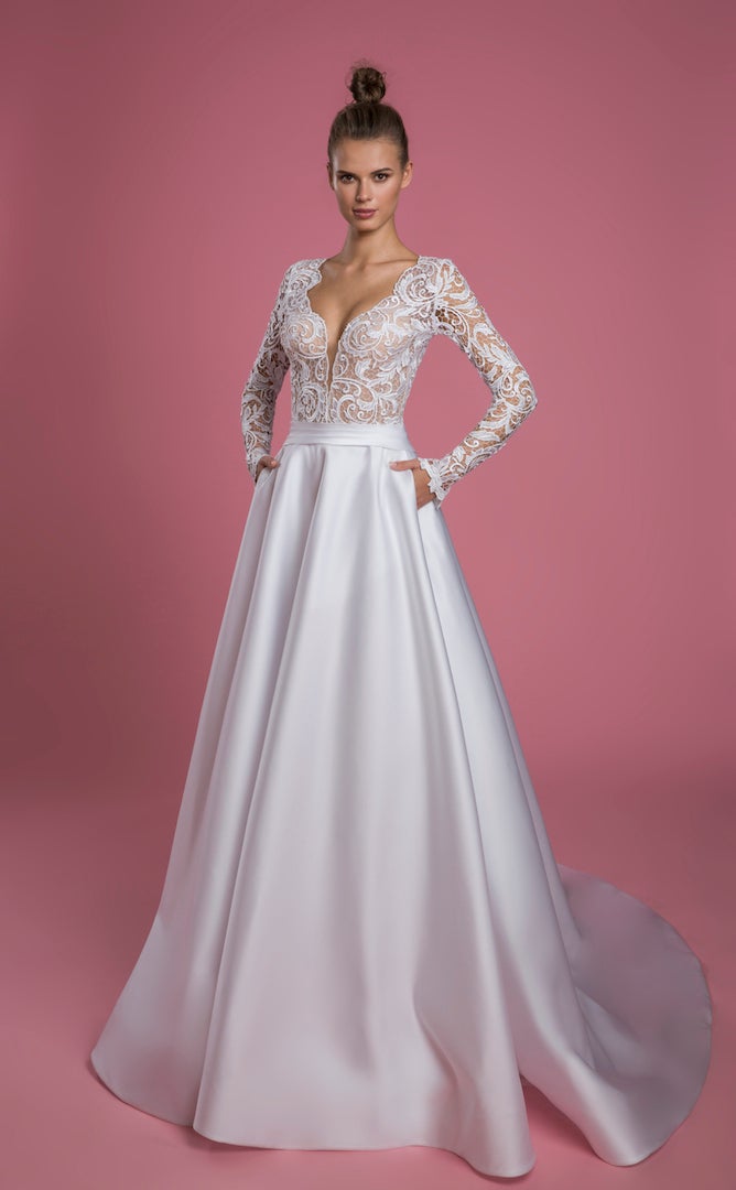 Long Sleeve V-neck A-line Wedding Dress With Lace Bodice And Satin Skirt