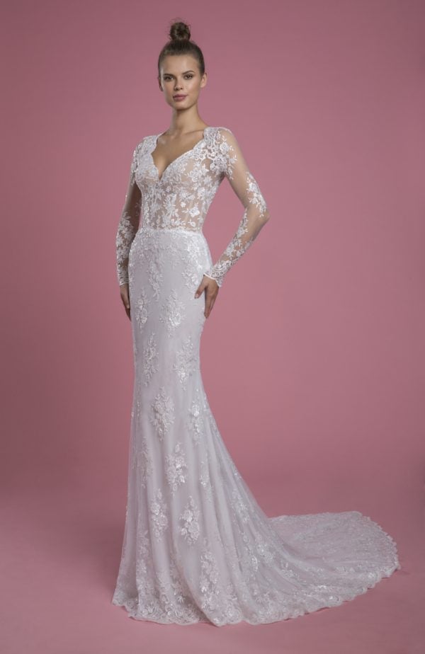 Long Sleeve V-neckline Lace Sheath Wedding Dress by P by Pnina Tornai - Image 1