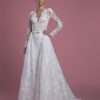 Long Sleeve V-neckline Lace Sheath Wedding Dress With Matching Overskirt by P by Pnina Tornai - Image 2