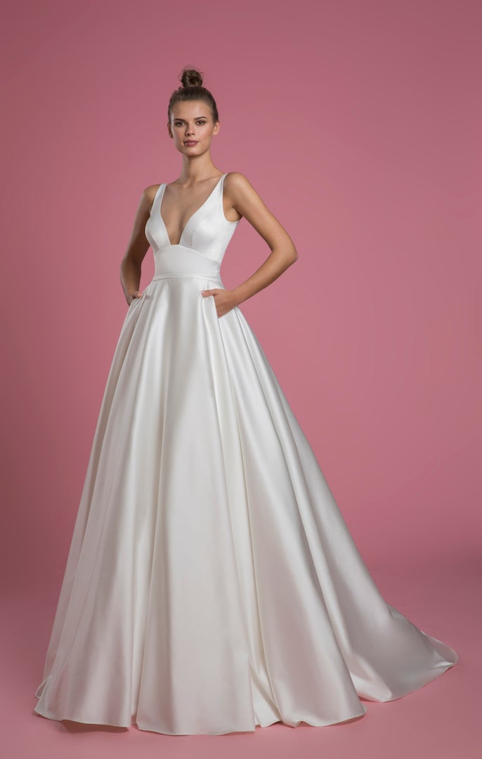 Sleeveless V-neck A-line Satin Wedding Dress | Kleinfeld Bridal
