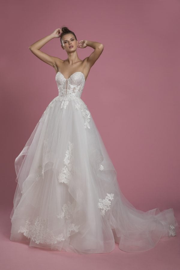 Strapless Sweetheart Neckline Ball Gown Layered Tulle Skirt Wedding Dress With Lace Bodice by P by Pnina Tornai - Image 1