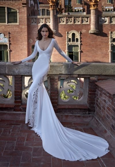 Long Sleeve V-neckline Sheath Wedding Dress with Lace Inserts
