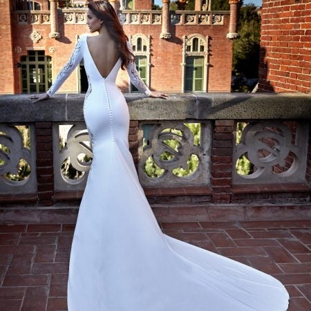 Long Sleeve V-neckline Sheath Wedding Dress with Lace Inserts ...
