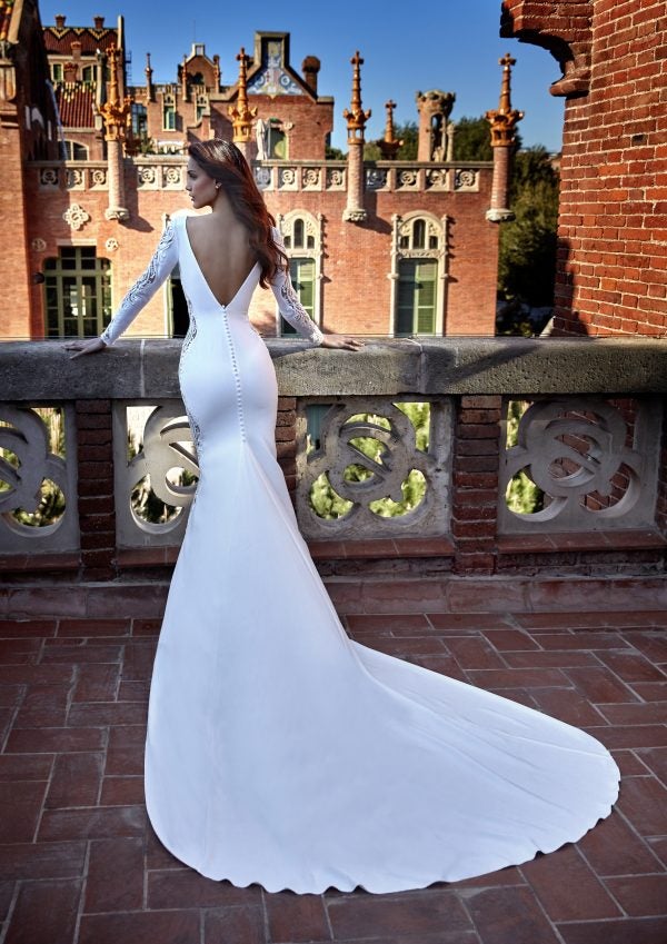 Long Sleeve V-neckline Sheath Wedding Dress with Lace Inserts by Pronovias x Kleinfeld - Image 2