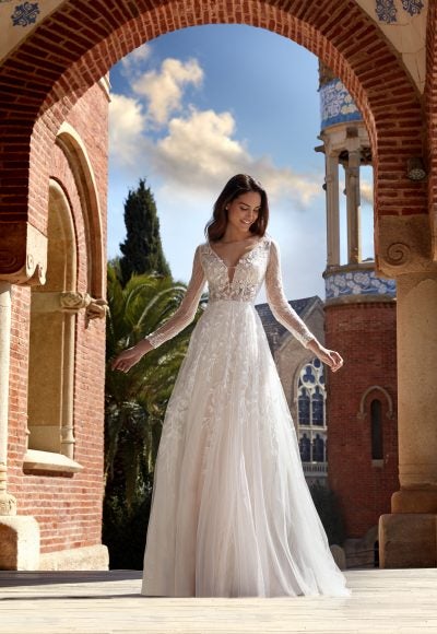 Long Sleeve V-neckline A-line Wedding Dress with Beading and Lace by Pronovias x Kleinfeld