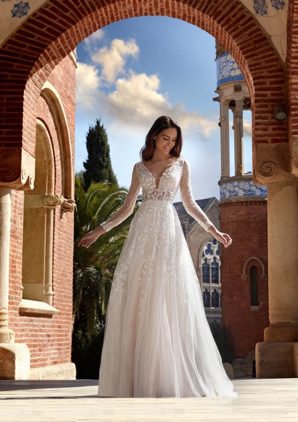 Long Sleeve V-neckline A-line Wedding Dress with Beading and Lace by Pronovias x Kleinfeld - Image 1
