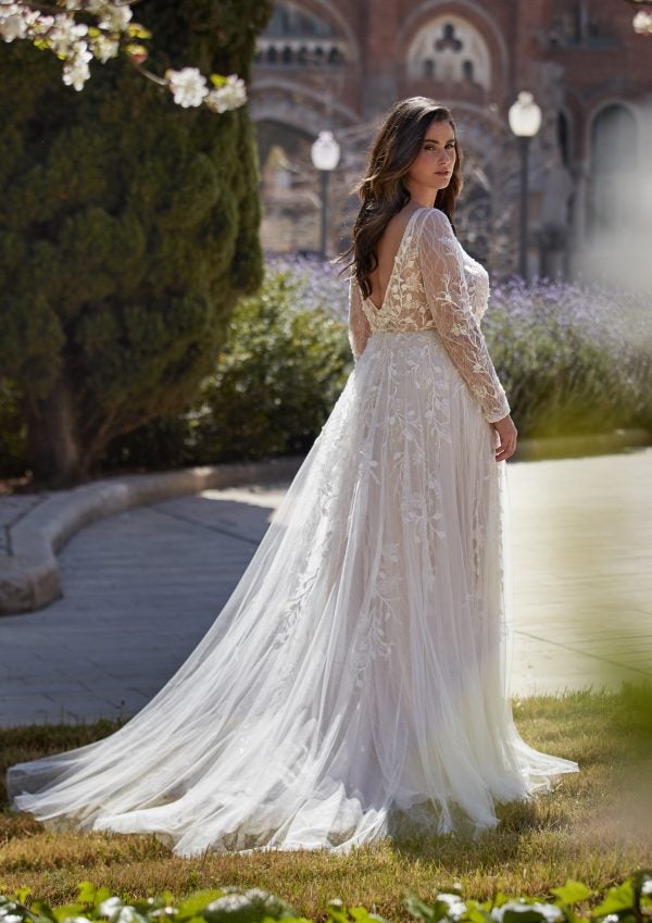 Long sleeve v-neckline A-line wedding dress with beading and lace by Pronovias x Kleinfeld - Image 2
