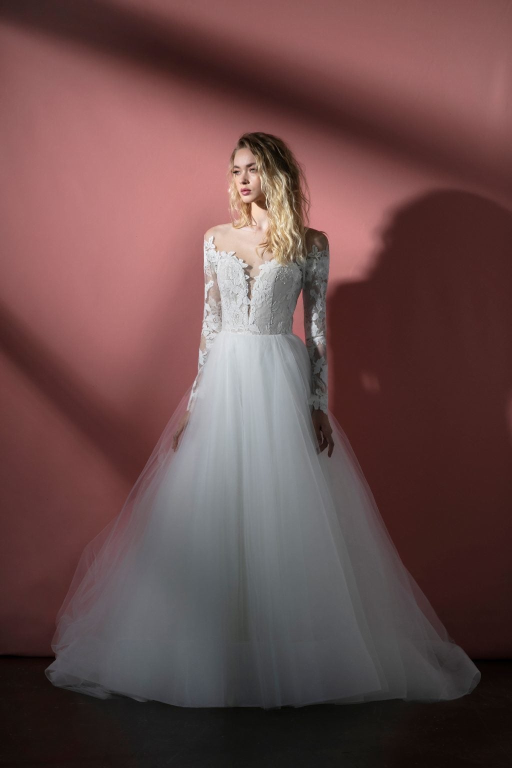 Long Sleeve Illusion Aline Wedding Dress With Lace Bodice