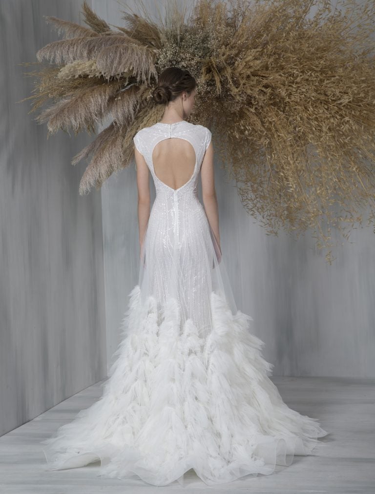 Cap Sleeve Glitter Aline Wedding Dress With Tulle Ruffle