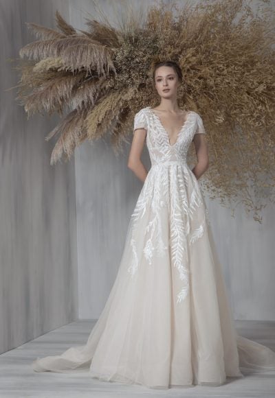 Short Sleeve V-neckline A-line Wedding Dress With Embroidered Tulle by Tony Ward