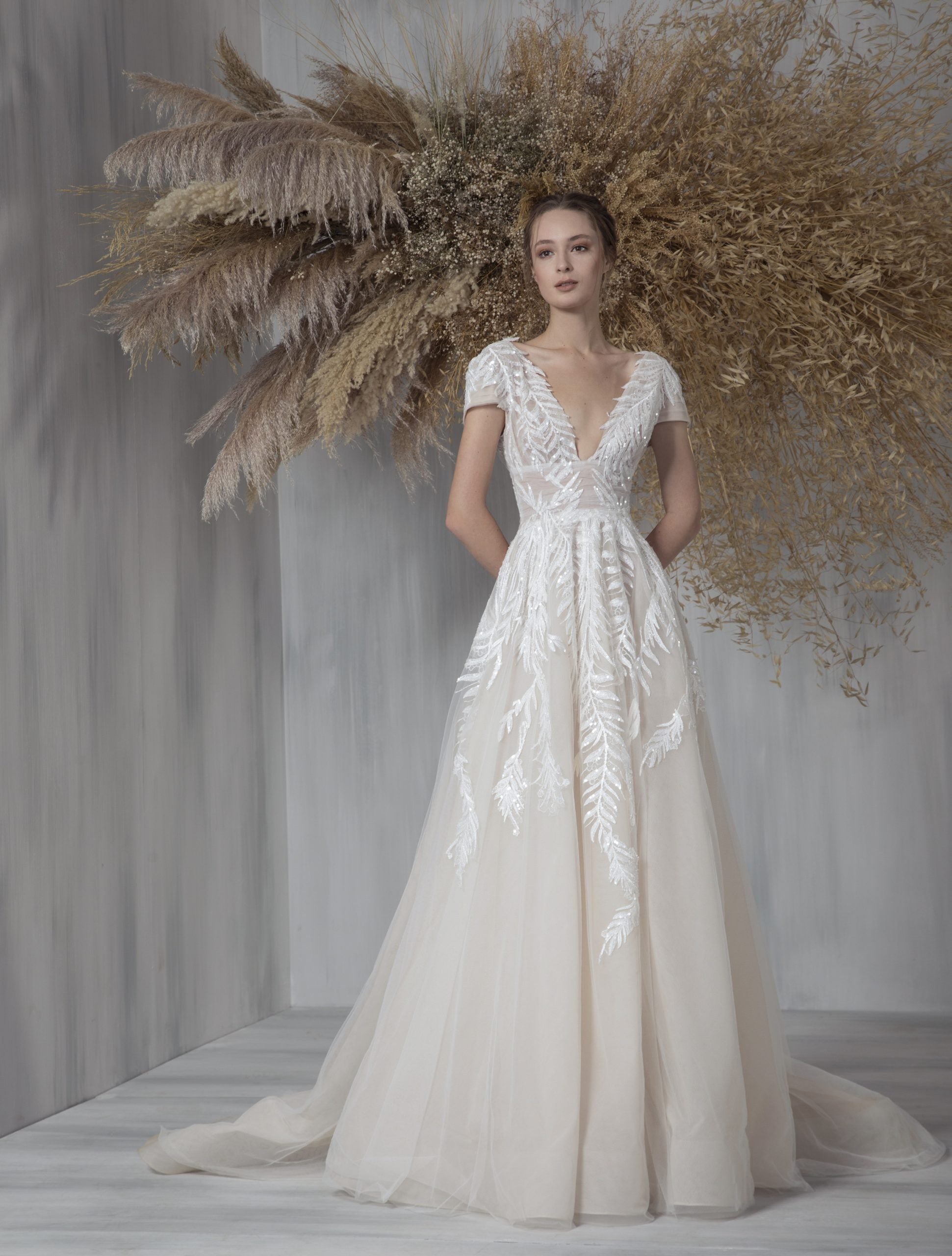 Short Sleeve V-neckline A-line Wedding Dress With Embroidered Tulle