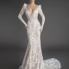 All Over Lace Long Puff Sleeve Sheath Wedding Dress With Plunging V Neckline by Love by Pnina Tornai - Image 1