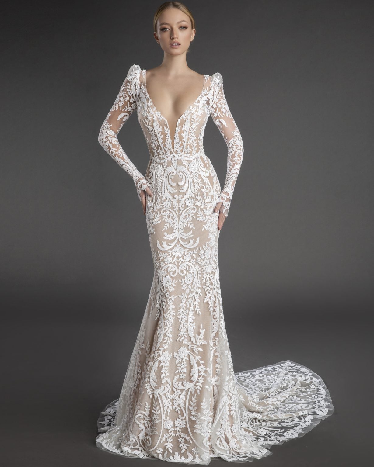 All Over Lace Long Puff Sleeve Sheath Wedding Dress With Plunging V