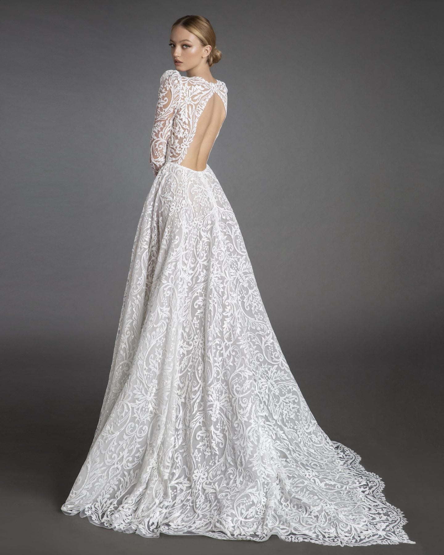 All Over Lace Long Sleeve A-line Wedding Dress With Puff Sleeves ...