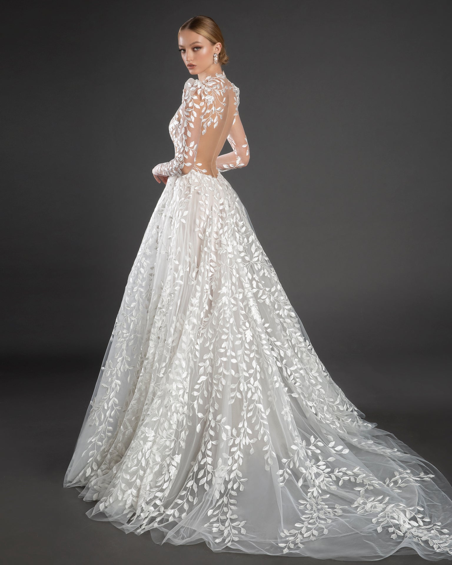 Illusion All Over Lace Puff Long Sleeve Aline Wedding