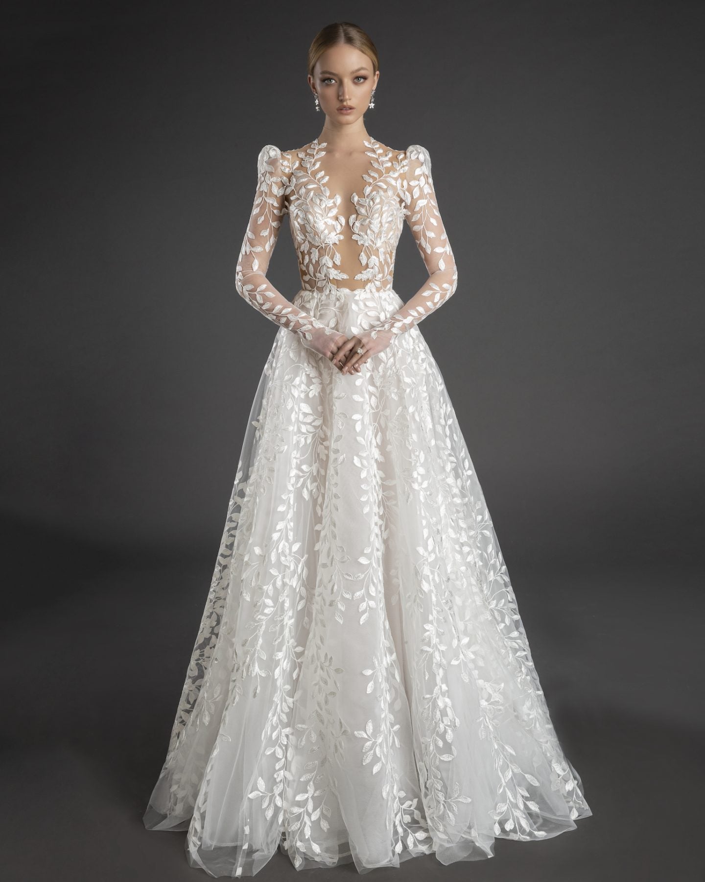 Illusion All Over Lace Puff Long Sleeve Aline Wedding