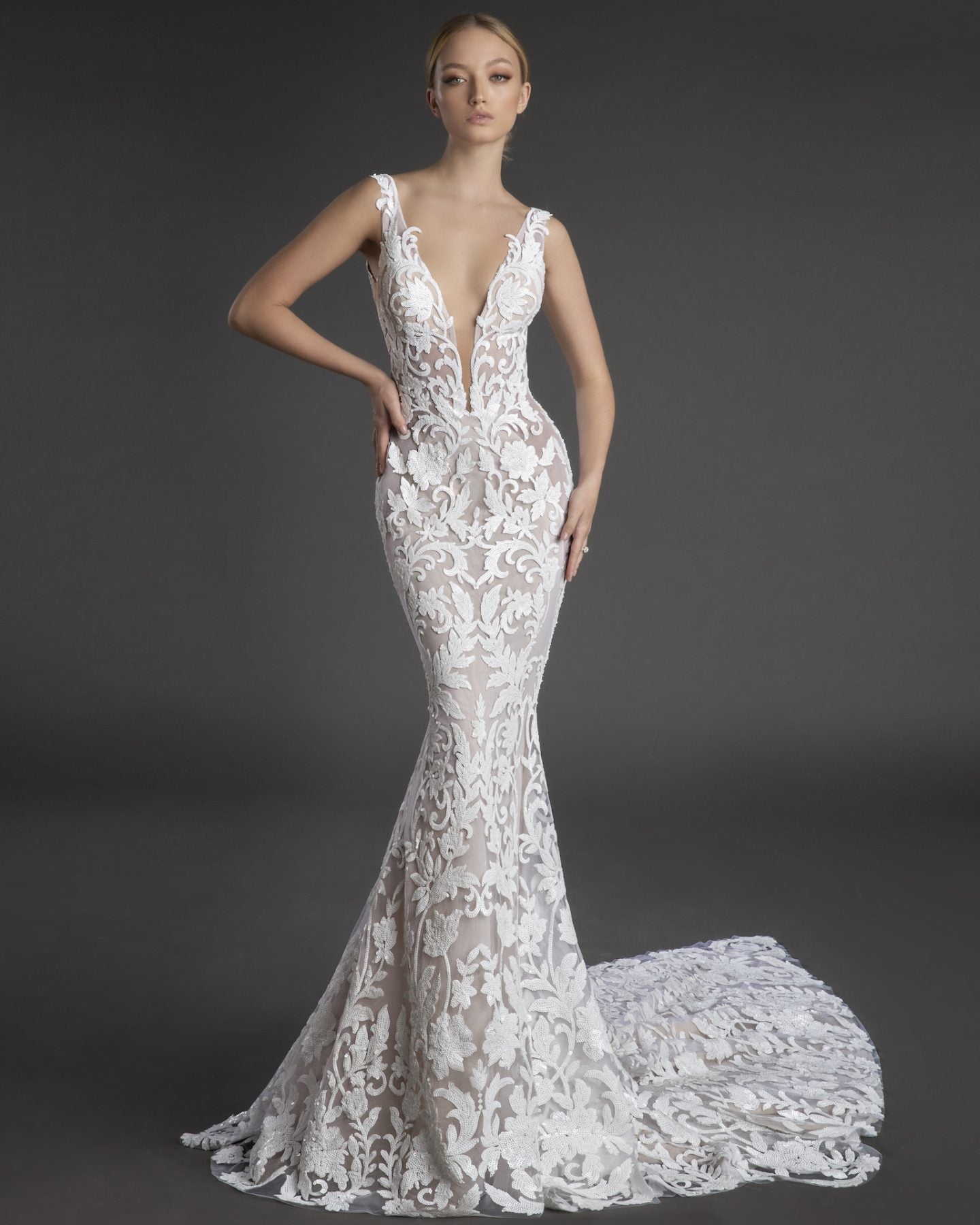 Sleeveless Plunging V-neckline Lace Sheath Wedding Dress | Kleinfeld Bridal