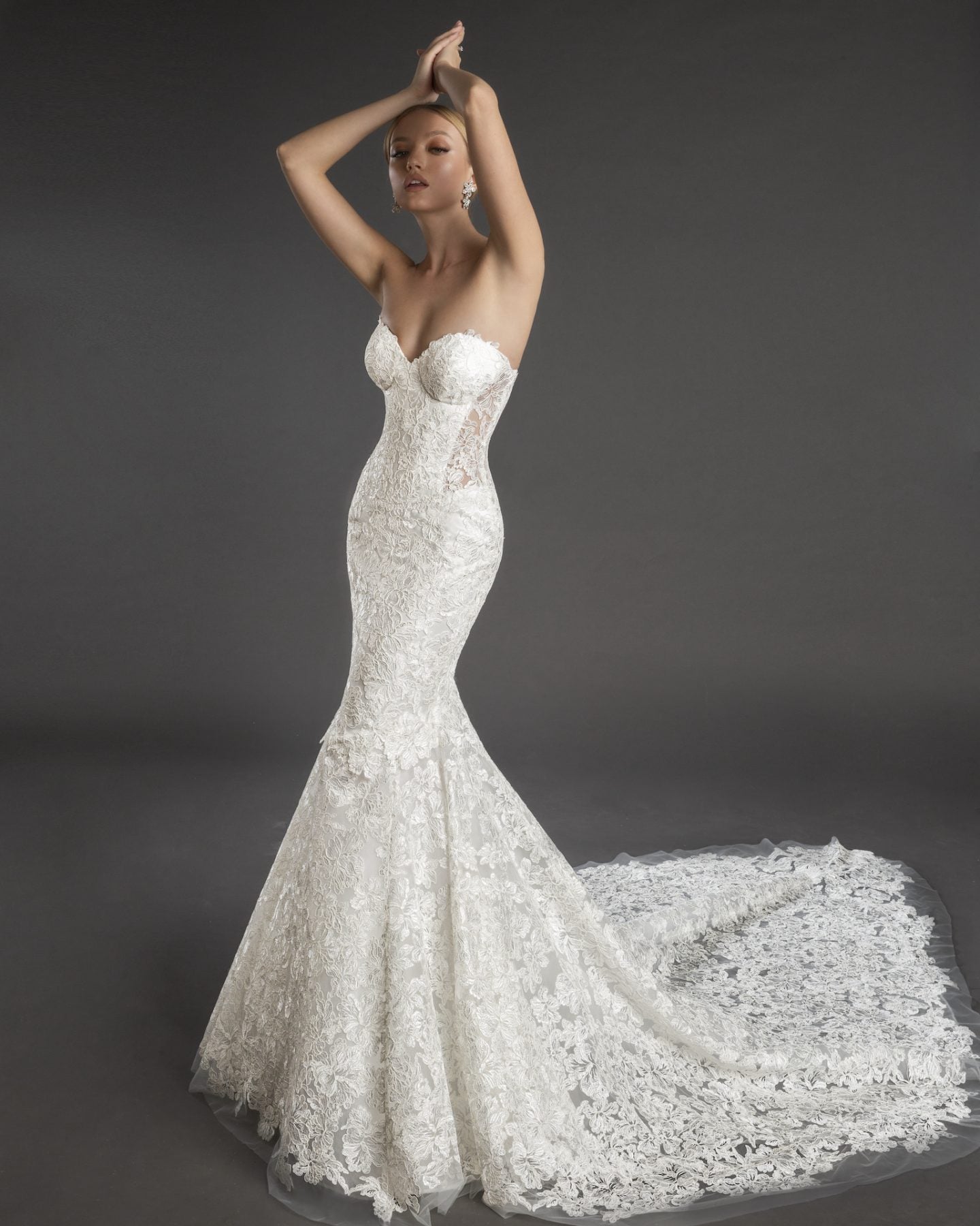 strapless lace mermaid wedding dress with sweetheart neckline