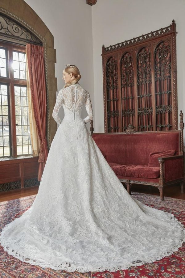 Long Sleeve Lace Collar Neckline Ball Gown Wedding Dress