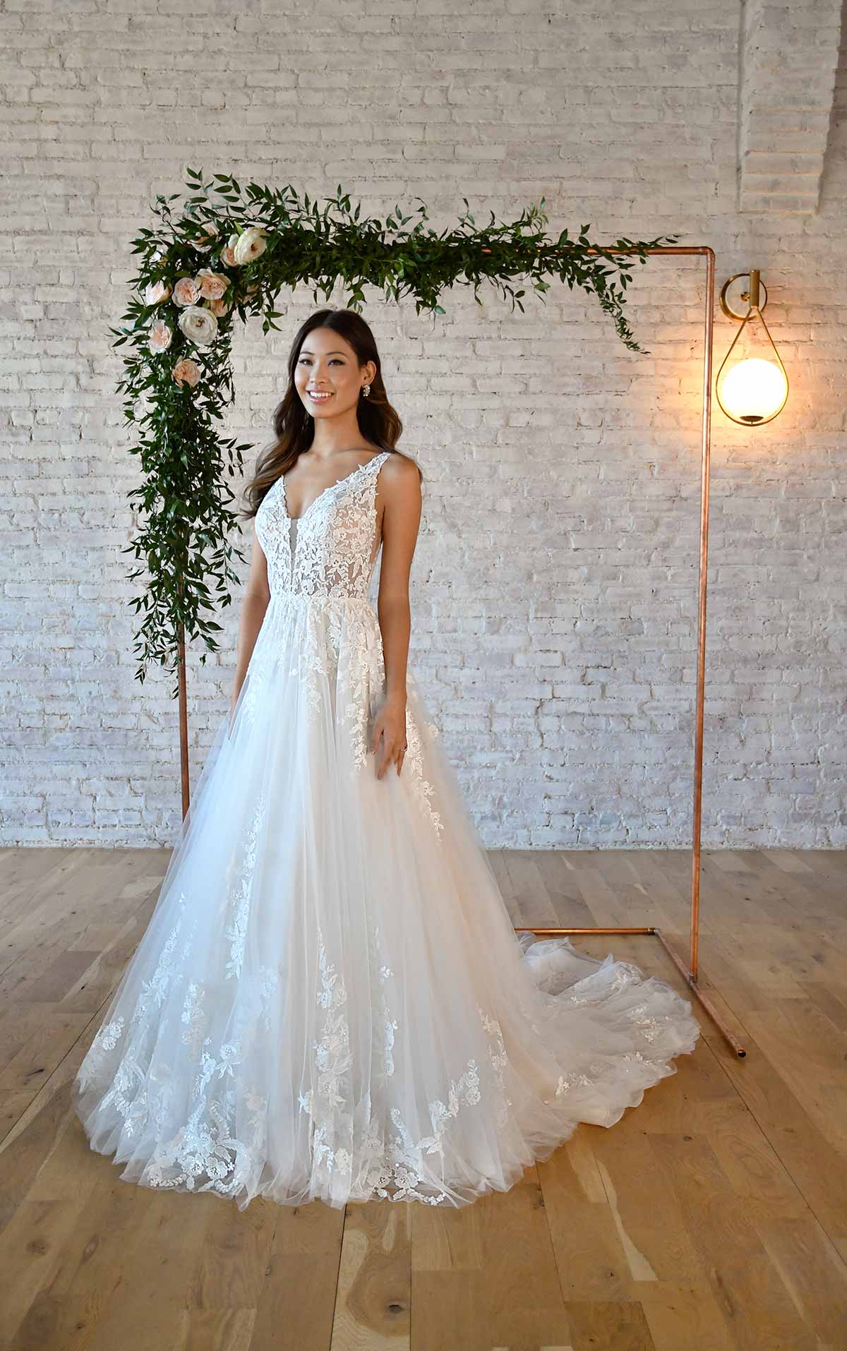 FLORAL LACE WEDDING DRESS WITH PLUNGING ...