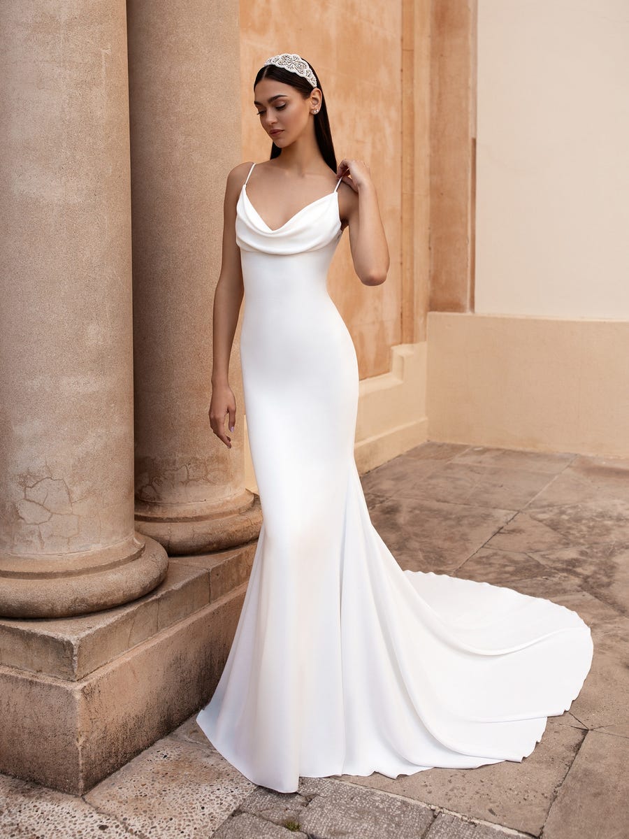 Crepe Spaghetti Strap Mermaid Wedding Dress With Draped Cowl Neckline