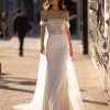 Off The Shoulder Mermaid Wedding Dress With Crystal Encrusted Bodice And Crepe Skirt by Pronovias - Image 1