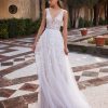 Sleeveless V-neckline A-line Wedding Embroidered Tulle Dress With Illusion Bodice by Pronovias - Image 1