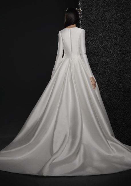 Long Sleeve Mikado Ball Gown Wedding Dress With Dropped Waist And Deep ...