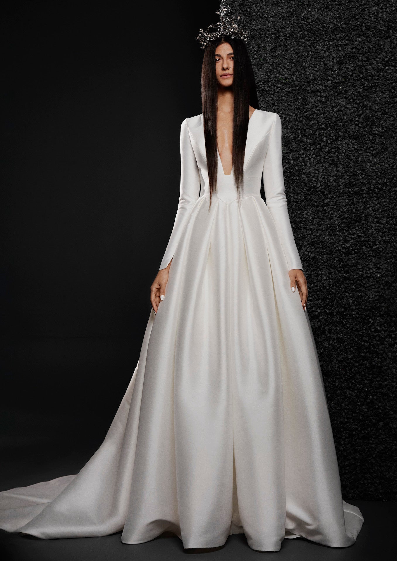 Long Sleeve Mikado Ball Gown Wedding Dress With Dropped Waist And Deep  V-neckline