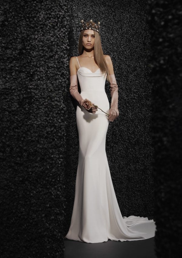 Spaghetti Strap Simple Sweetheart Neckline Sheath Wedding Dress With Draping At Neckline by Vera Wang Bride - Image 1