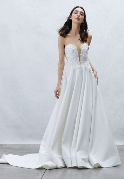 Strapless Sweetheart Neckline Satin Ball Gown Wedding Dress with Beaded Lace Bodice by Alyne by Rita Vinieris