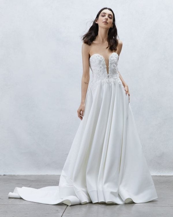 Strapless Sweetheart Neckline Satin Ball Gown Wedding Dress with Beaded Lace Bodice by Alyne by Rita Vinieris - Image 1