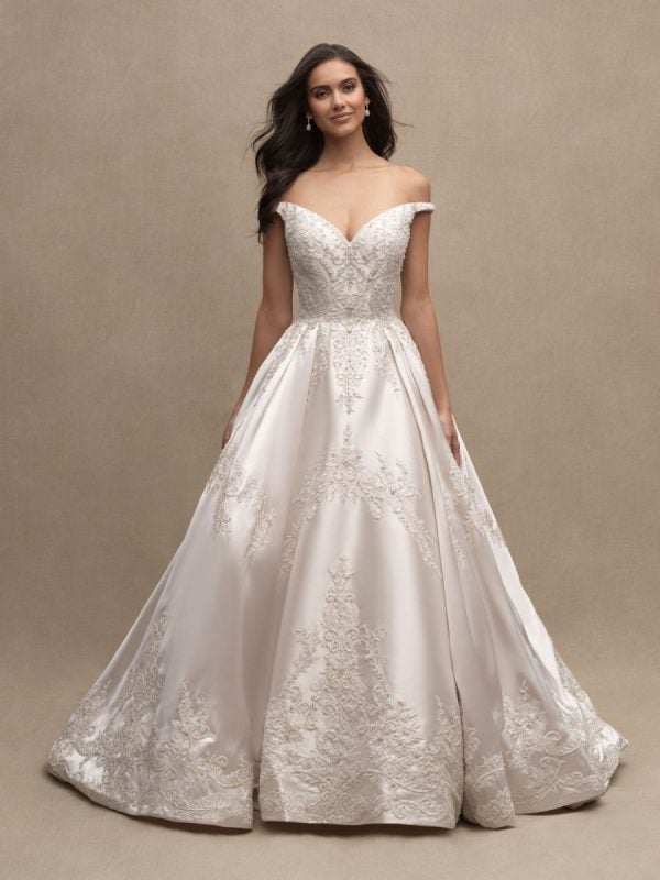 Off The Shoulder Sweetheart Neckline Satin Beaded Ball Gown Wedding Dress by Allure Bridals - Image 1