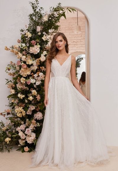 Sleeveless V-neckline Beaded A-line Wedding Dress by Enaura Bridal