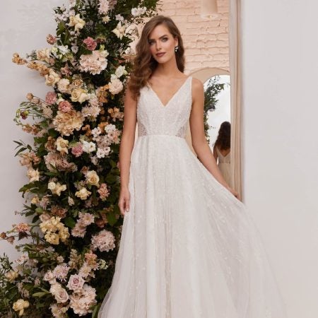 Sleeveless V-neckline Beaded A-line Wedding Dress | Kleinfeld Bridal