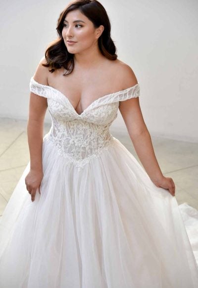 DRAMATIC OFF-SHOULDER BALLGOWN WITH SPARKLE by Essense of Australia