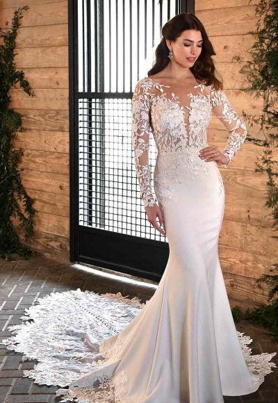 SEXY LACE WEDDING DRESS WITH SHEER BODICE AND LONG SLEEVES by Essense of Australia
