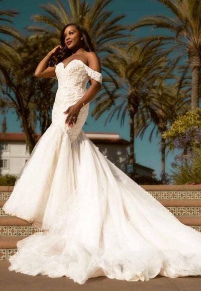 SPARKLING SWEETHEART FIT-AND-FLARE WEDDING DRESS WITH OFF-THE-SHOULDER SLEEVES by Essense of Australia