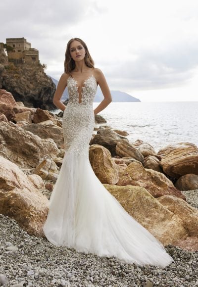 Sleevless V-neckline Fit And Flare Wedding Dress With Illusion Embroidered Bodice by Ines by Ines Di Santo