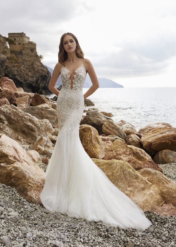 Sleevless V-neckline Fit And Flare Wedding Dress With Illusion Embroidered Bodice by Ines by Ines Di Santo - Image 1