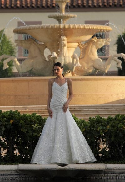 Spaghetti Strap V-neckline Fit And Flare Wedding Dress With Ruching by Lazaro