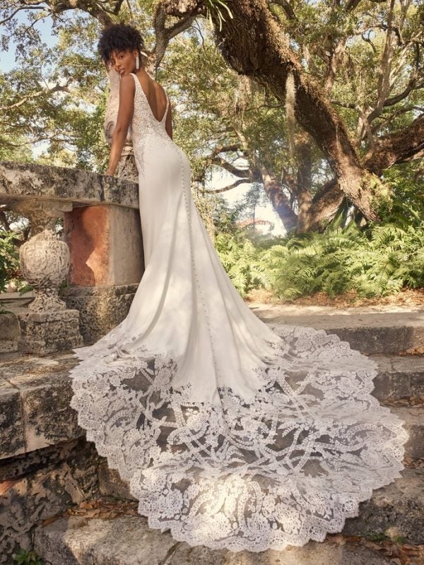 Sexy Embroidered Crepe Bridal Gown With A Statement Train by Maggie Sottero - Image 2