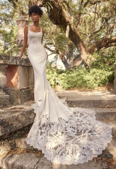 Sexy Embroidered Crepe Bridal Gown With A Statement Train by Maggie Sottero